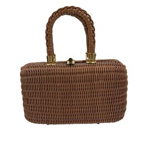 Vintage‎ Woven Straw Handbag Top Handle Lock Closure Brown